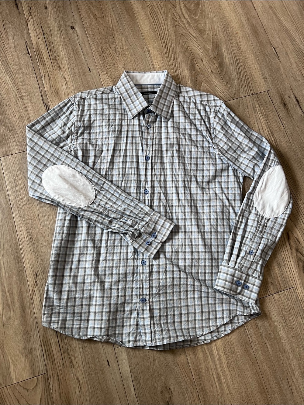 Men's Casual Plaid Button-Down Shirt with Elbow Patches - Gray & White